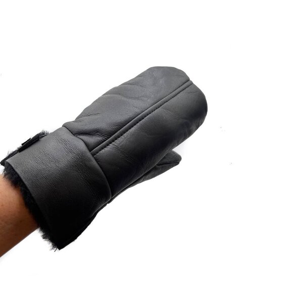 Black Shearling Sheepskin Leather Mittens – Unisex Winter Fur Mittens - Picture 3 of 11